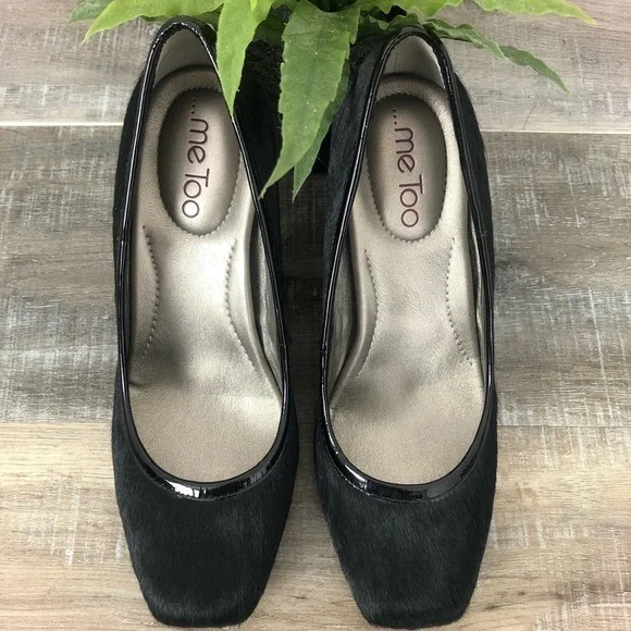 ME TOO Petal 9 Calf Hair Leather Black Patent Leather Heels Size 7.5 - Picture 3 of 10